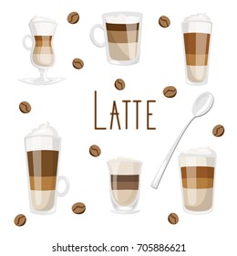 Set of coffee drinks with milk as caffe latte, macchiato, cappuccino, flat white, top with whipped cream