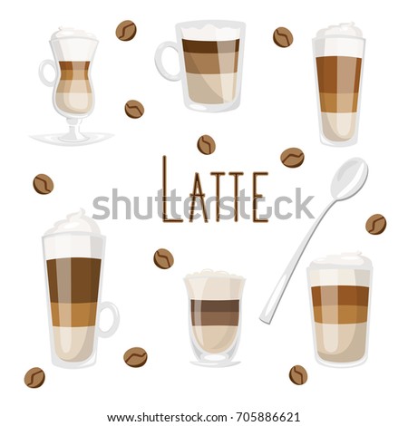 Set of coffee drinks with milk as caffe latte, macchiato, cappuccino, flat white, top with whipped cream