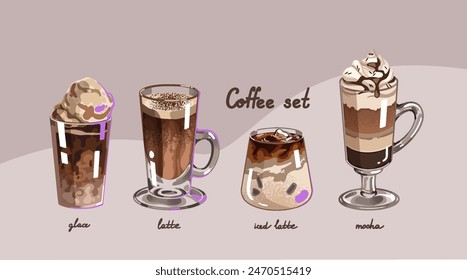 A set of coffee drinks. Vector latte, mocha and glace stickers. Hand-drawn trending flat illustration with textures.