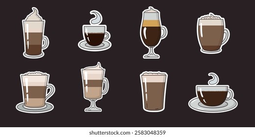 Set of Coffee Drinks Vector Sticker Pack, including Americano, Cappuccino, Espresso, Latte, Mochaccino, Flat White, Irish Coffee, and Glace. Doodle style. Perfect for stickers, menus, or digital art