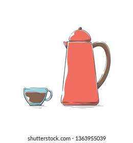 Set of coffee elements and coffee accessories. Kettle and glass cup of coffee. Illustration for cafe, restaurant and home. Hand-drawn style vector illustration.