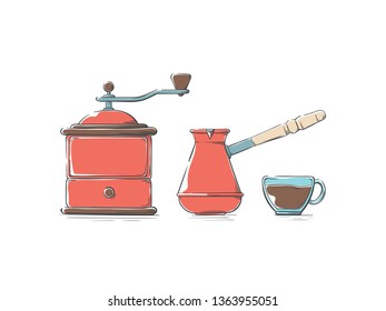 Set of coffee elements and coffee accessories. Manual coffee grinder, Turk coffee maker and glass cup. Illustration for cafe, restaurant and home. Hand-drawn style vector illustration.