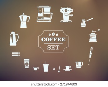 Set Of Coffee Elements and Coffee Accessories. Silhouette Icons. Vector Illustration