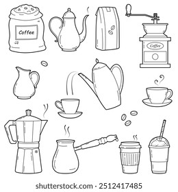 Conjunto de Elementos de café. Molinillo de frijoles, cafeteras, cafetera, taza y granos. Ilustración de contorno simple, aislado sobre fondo blanco, Elementos de diseño