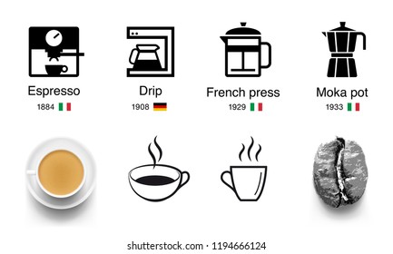 Set of coffee elements: brewing method icons, cups icon, realistic cup, coffee bean. Vector illustration ob white background. Ready to use for your design. EPS10.