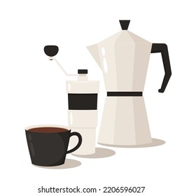 Set of coffee elements. Collection for menu, cafe. Vector illustration in cartoon flat style. Coffee equipment.