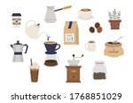 Set of coffee elements collection. Coffee supplies icons. make coffee. French press, coffee makers, cup, pot, grinder and packaging. object, accessory, Flat minimal style icons. Vector illustration.