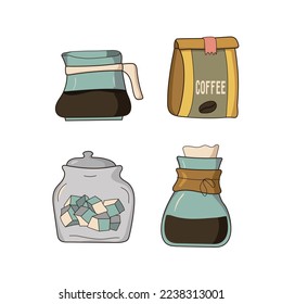 Set of coffee elements collection. Coffee supplies icons. make coffee. French press, coffee makers, and packaging. Vector illustration.