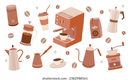 Set coffee elements collection. Coffee supplies icons. Maker, French press, pot, coffee machine. Vector illustration
