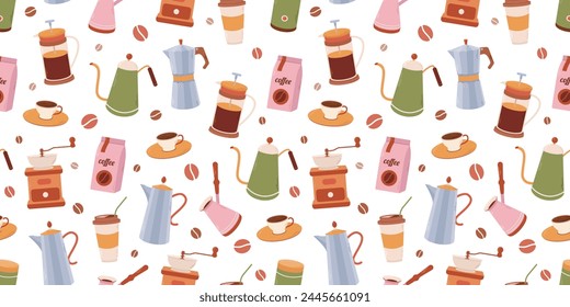 Set de colección de Elementos de café. Iconos de suministros de café. Fabricante, prensa francesa, olla, máquina de café, molinillo, granos. Patrón sin costuras de Vector