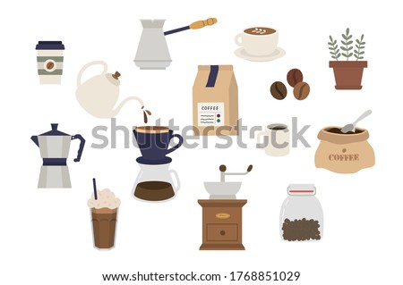 Set of coffee elements collection. Coffee supplies icons. make coffee. French press, coffee makers, cup, pot, grinder and packaging. object, accessory, Flat minimal style icons. Vector illustration.