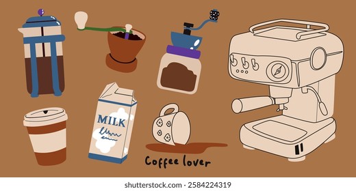 Set of coffee elements. Craft paper cup, coffee machines cartoon retro stickers. Coffee makers, kettles, brewing, glass, cappuccino, beans. Graphic doodle minimalist vintage icons