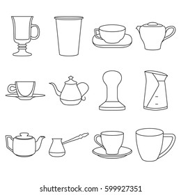 Set of coffee elements cups symbol line icon set
