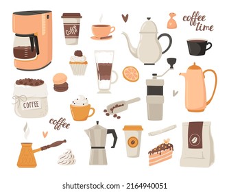 Set of coffee elements. Coffee equipment, coffee machine, coffee grinder, cups and sweets. Collection for menu, cafe. Vector illustration in cartoon flat style.