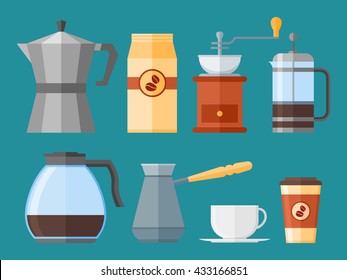 Set of coffee elements in flat style. French press, coffee cup, pot, grinder and packaging, coffee makers isolated on background. Vector illustration.