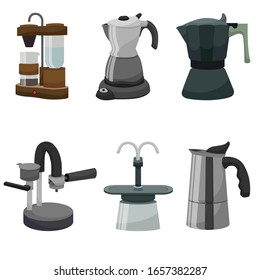 Set of coffee elements isolated on white background. French press, coffee makers, cup, pot, grinder and packaging. Flat style icons. Vector illustration.