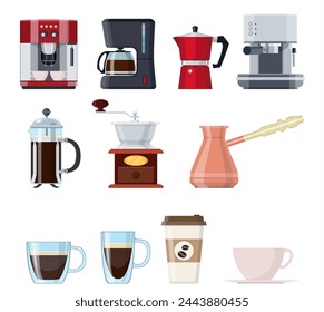 Conjunto de elementos de café aislados sobre fondo blanco. Prensa francesa, cafeteras, taza, olla, molinillo y embalaje. Para web, póster, menú, cafetería y restaurante. Ilustración vectorial en estilo plano.