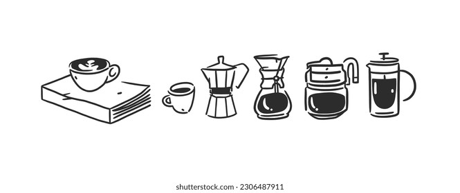 Set of coffee elements, kettle, mug and cups . Trending vector doodle illustrations for coffee shop and restaurant menu. Hand drawn coffee shop design concept and coffee break icons. Menu line art.