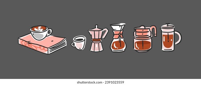 Set of coffee elements, kettle, mug and cups . Trending vector doodle illustrations for coffee shop and restaurant menu. Hand drawn coffee shop design concept and coffee break icons. Menu line art.