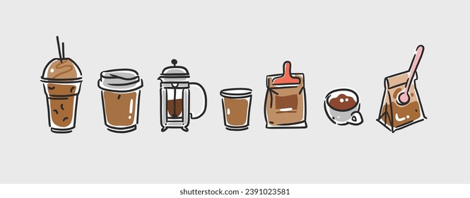 Set of coffee elements, kettle, mug and cups . Trending vector doodle illustrations for coffee shop and restaurant menu. Hand drawn coffee shop design concept and coffee break icons. Menu line art.