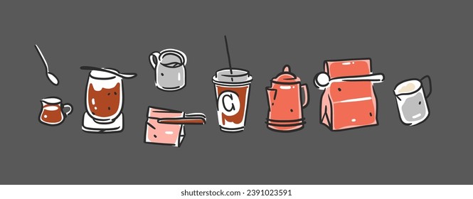 Set of coffee elements, kettle, mug and cups . Trending vector doodle illustrations for coffee shop and restaurant menu. Hand drawn coffee shop design concept and coffee break icons. Menu line art.