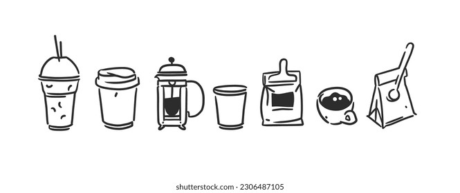 Set of coffee elements, kettle, packaging, mug and cups of coffee to go. Trending vector doodle illustrations and icons for coffee shop and restaurant menu. Hand drawn coffee shop design concept.