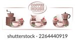 Set of coffee elements. Coffee maker, French press, pot, coffee maker, coffee grinder, cup, cake. Collection vector illustrations for cafe menu and restaurant, card. 