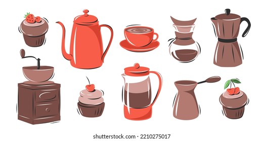 Set of coffee elements. Coffee maker, French press, pot, coffee maker, coffee grinder, cup, cake. Collection vector illustrations for cafe menu and restaurant, card, sticker kit. 