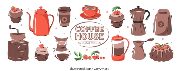 Set of coffee elements. Coffee maker, French press, pot, coffee maker, coffee grinder, cup, cake. Collection vector illustrations for cafe menu and restaurant, card, sticker kit. 