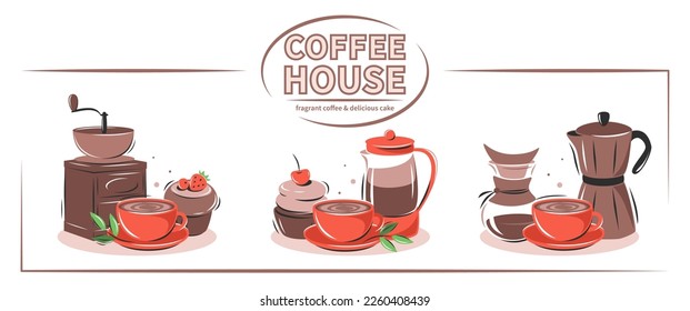 Set of coffee elements. Coffee maker, French press, pot, coffee maker, coffee grinder, cup, cake. Collection vector illustrations for cafe menu and restaurant, card. 