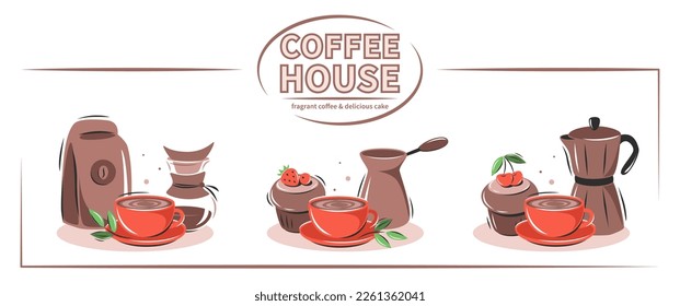 Set of coffee elements. Coffee maker, French press, pot, coffee maker, coffee grinder, cup, cake. Collection vector illustrations for cafe menu and restaurant, card. 