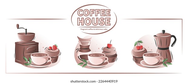 Set of coffee elements. Coffee maker, French press, pot, coffee maker, coffee grinder, cup, cake. Collection vector illustrations for cafe menu and restaurant, card. 