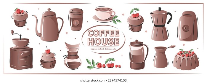 Set of coffee elements. Coffee maker, French press, pot, coffee maker, coffee grinder, cup, cake. Collection vector illustrations for cafe menu and restaurant, card, sticker kit. 