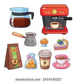 Set Coffee elements, tools, accessories. Brewing machine, grinder, turkish coffee pot,  mug,  takeaway paper cup,  bags and desserts. Cartoon vector illustrations isolated on white background.