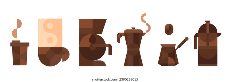 Set of coffee equipements and tools in minimal geometric style. Cup, mug, espresso machine, moca, french press. Collection modern cartoon design elements. Flat vector illustration.