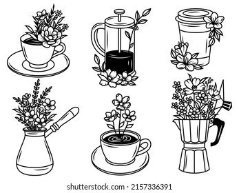 Set of coffee equipment. Collection of stylized coffee cups with heart. 
Vector illustration of hot drinks. Logotype for coffee house.