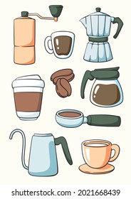 Set of coffee equipment. cute hand drawn. doodle Vector illustration