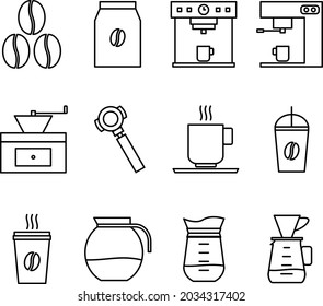 a set of coffee equipment icons with outline style, these icons can be used for logos, stickers or business development