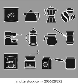 Set of coffee equipment for shop icon. Vector illustration with white line and black object isolated. Suitable for icon, logo, or clip art