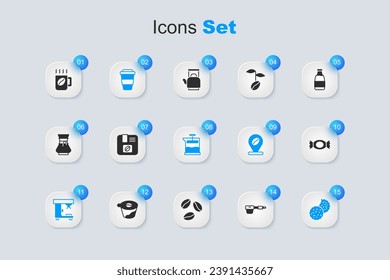 Ajuste el portafiltros de café, los granos de café de bolsitas, la taza para ir, la máquina, la galleta o galleta, el Candy y el icono de prensa francés. Vector