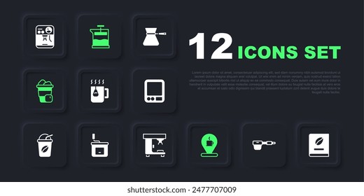 Set Coffee filter holder, book, Cup tea with bag, Location coffee cup, Iced, Manual grinder, French press and machine icon. Vector
