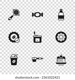Set Coffee filter holder, Donut, Piece cake, Manual coffee grinder, Milk bottle, Candy and Medal for icon. Vector
