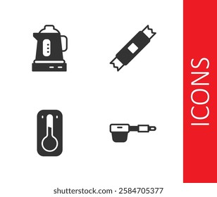 Set Coffee filter holder, Electric kettle, thermometer and Sugar stick packets icon. Vector
