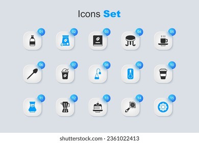 Set Coffee filter holder, Iced coffee, Bag beans, Pour over maker, Donut, cup to go, Milk bottle and Tea bag icon. Vector