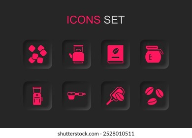 Set Coffee filter holder, Kettle with handle, Sugar cubes, Spatula coffee grain, pot, beans, book and Electric grinder icon. Vector