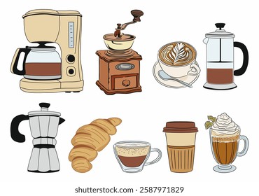 Set of coffee and food items, including a coffee maker, a French press, a coffee cup, a mug, a bowl, a spoon, and a pastry. Hand drawn colored outline vector illustrations isolated on white background