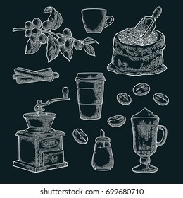 Set coffee. Glass latte, sack, beans, wooden scoop, hand-held grinder, sugar, scoop, cinnamon stick, branch with leaf and berry. Vintage white vector engraving illustration isolated on dark background