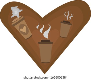 set of coffee glasses and gray steam. On a brown heart background, the concept of the popular invigorating drink logo for design