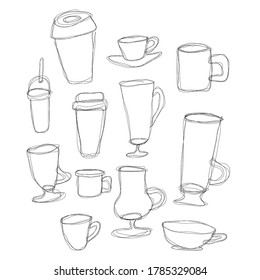 Set of coffee glasses and mug design. Line art illustration doodle style. Hand drawn cups.