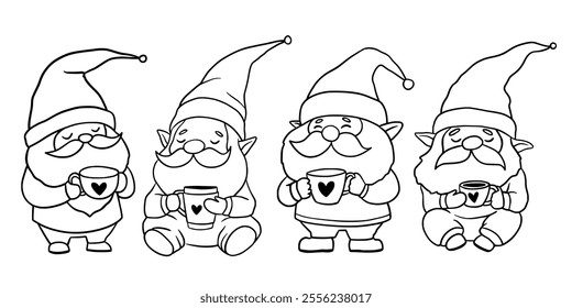 Set of coffee gnome. Coffee gnomes silhouette sign. Gnomes with coffee mug. Lovers hot drinks. Doodle cartoon style. Vector illustration isolated on white background.